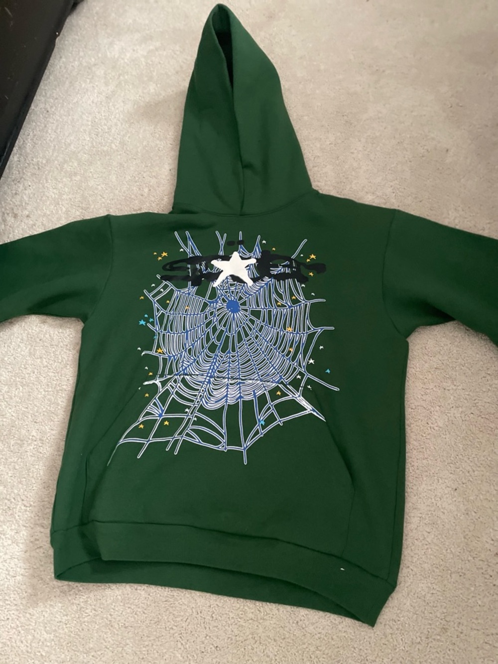 Kids Dark Green Hooded Sweatshirt with Spiderweb Graphic